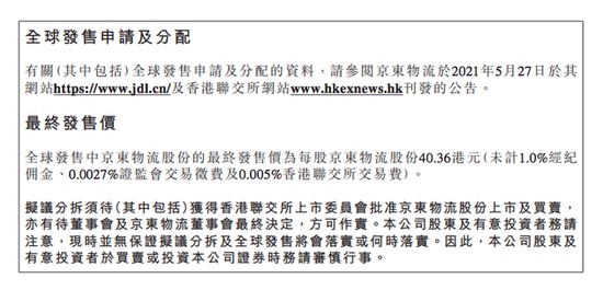 京东物流香港IPO定价在每股40.36港元